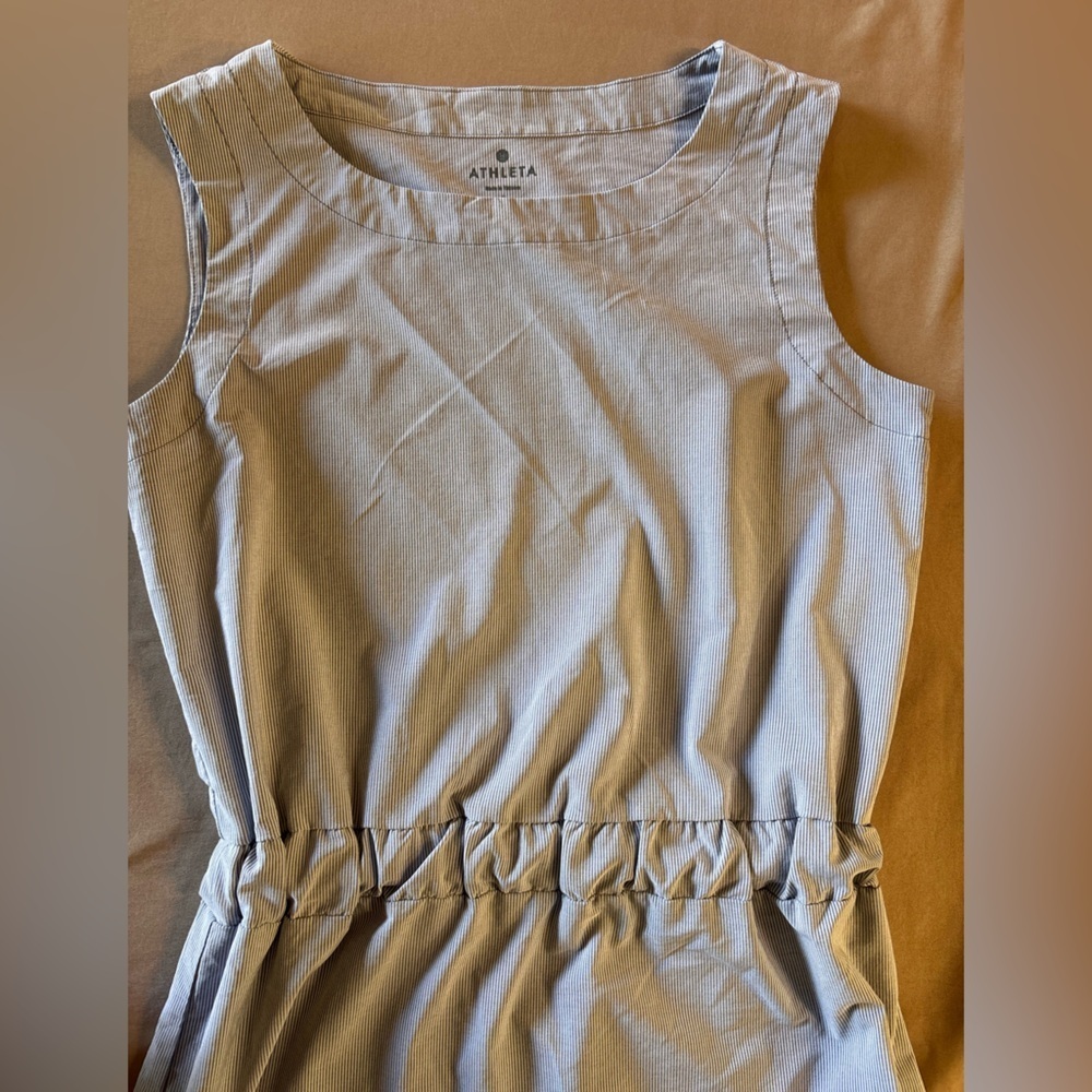 Athleta Pinstripe Sleeveless Elastic Waist Mini Dress Blue White Size 2 - Picture 7 of 8